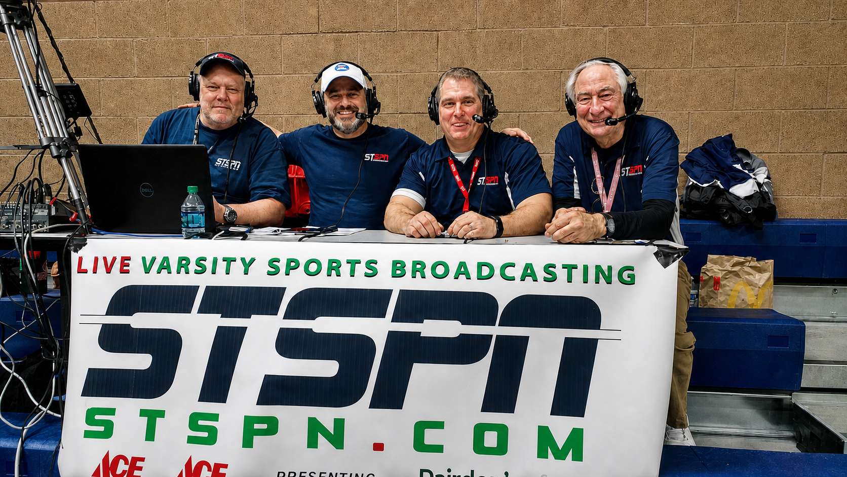 Ron Henthorn with the four-person STSPN courtside broadcast crew