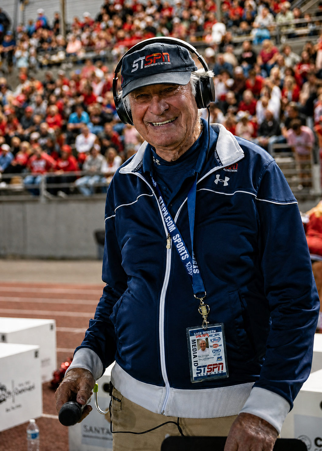 Ron Henthorn broadcasting from the stands at a football game